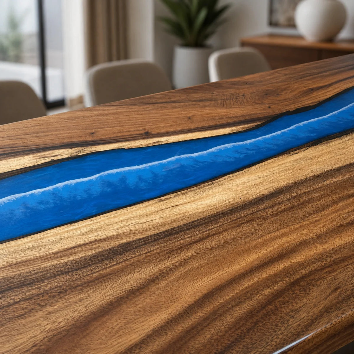 Electric Blue South American Walnut Epoxy River Dining Table DT26
