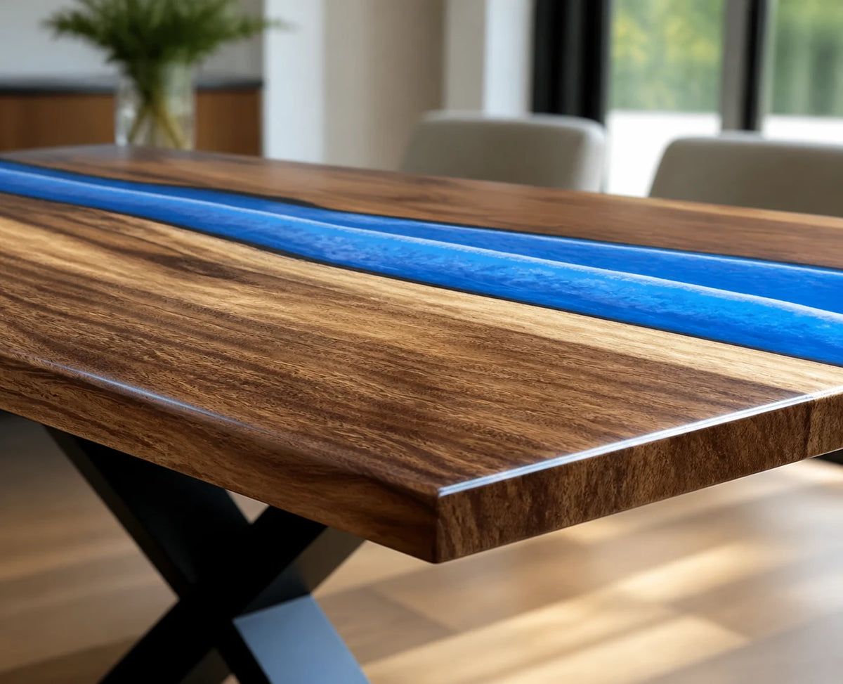 Electric Blue South American Walnut Epoxy River Dining Table DT26