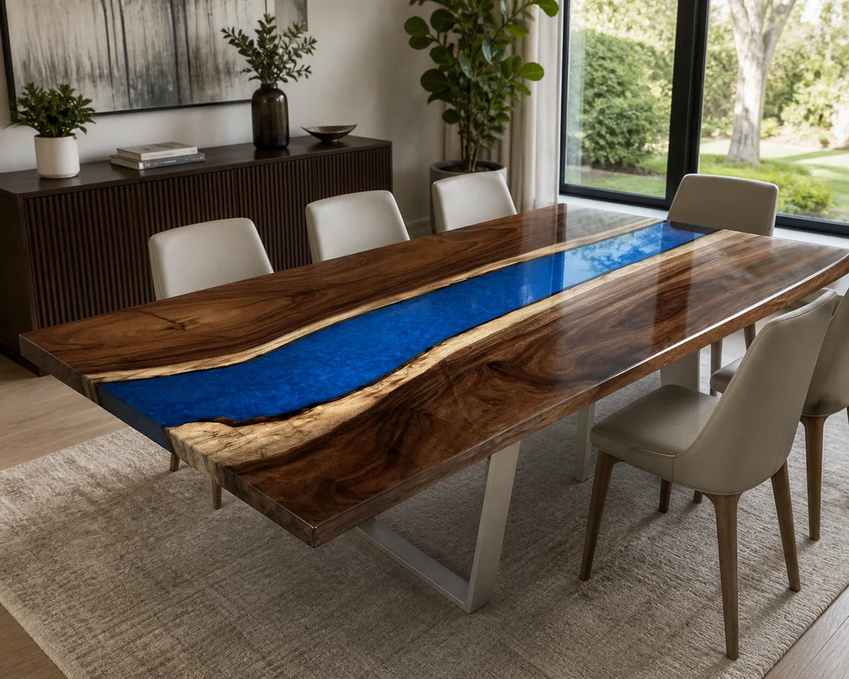 DTC27 Sapphire Coast South American Walnut Epoxy Dining Table featuring handcrafted South American walnut and resin