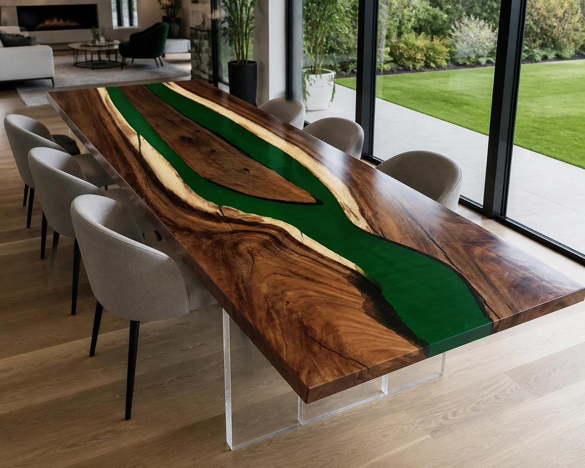 DTC28 Forest Stream South American Walnut Epoxy Dining Table featuring handcrafted South American walnut and resin