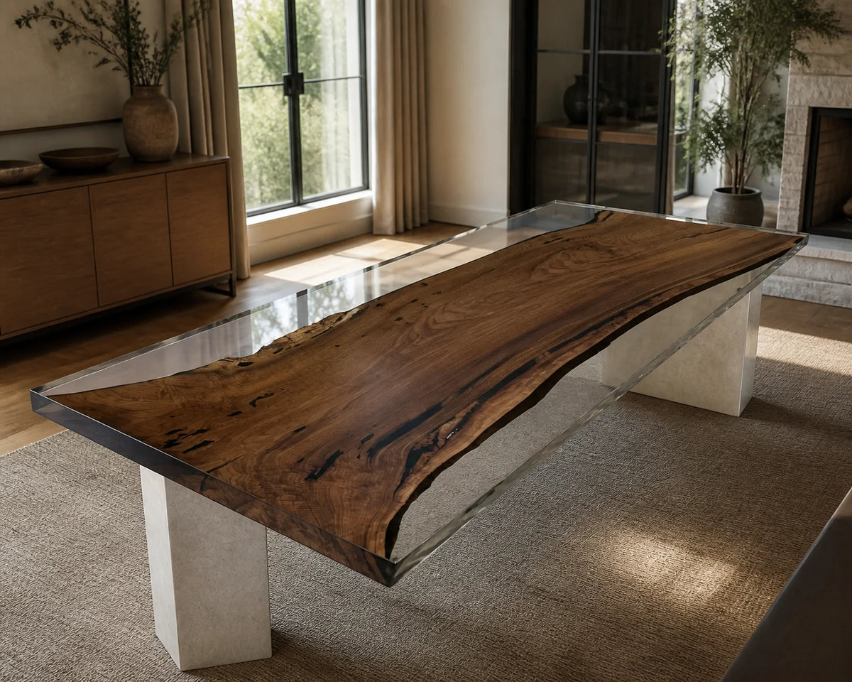 DTC29 Crystal Edge South American Walnut Dining Table featuring handcrafted South American walnut and resin