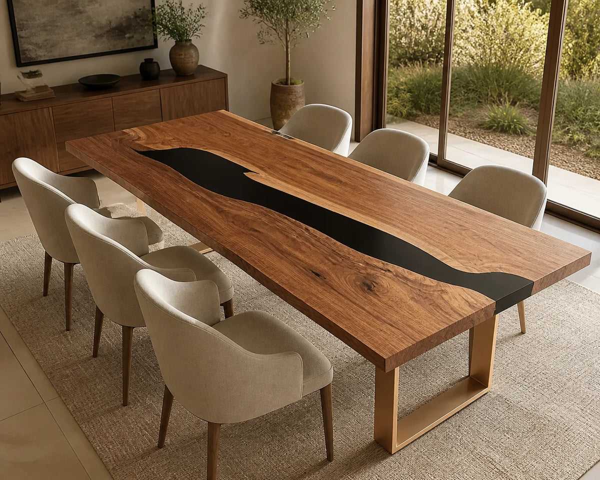 DTC30 Black Gorge South American Walnut Epoxy Dining Table featuring handcrafted South American walnut and resin