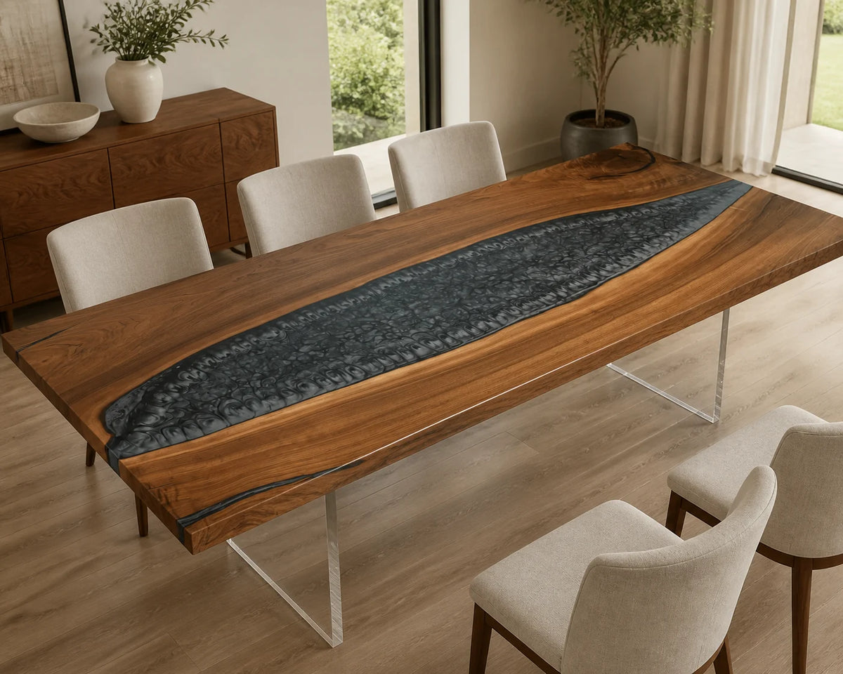 DTC31 Silver Stone South American Walnut Epoxy Dining Table featuring handcrafted South American walnut and resin