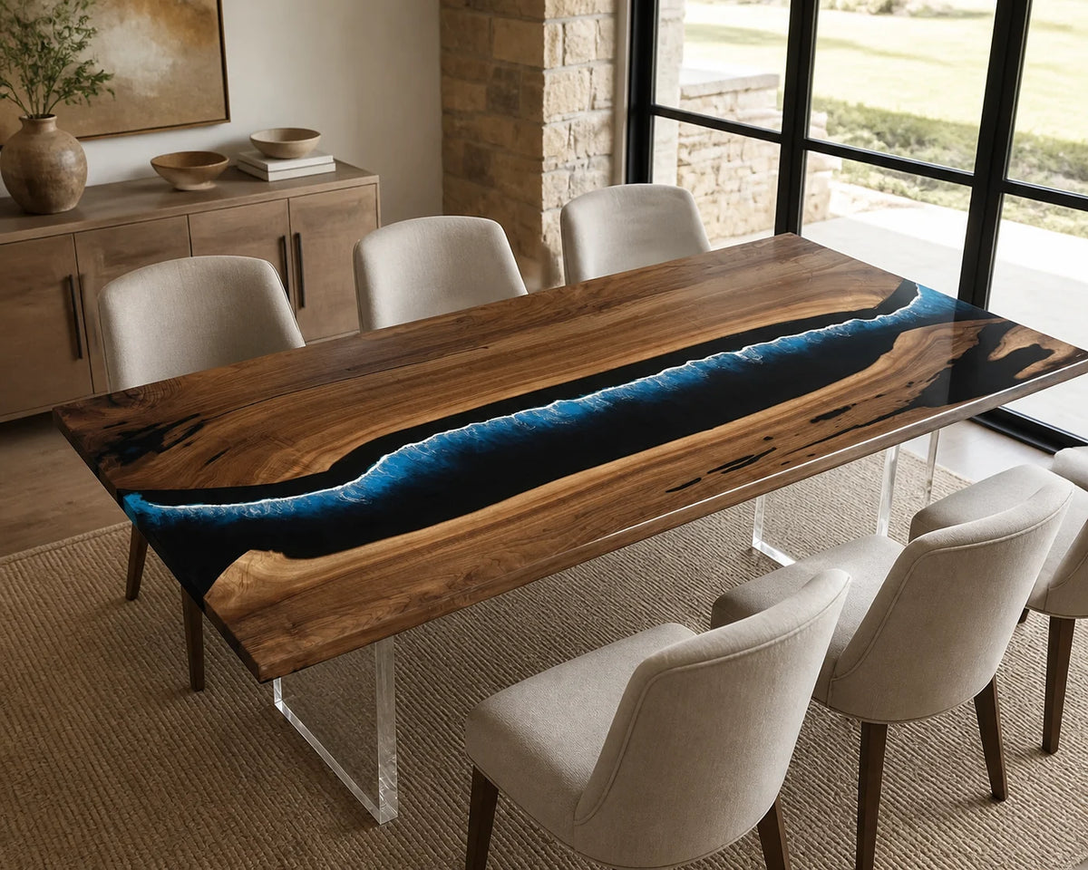DTC32 Blue Ember South American Walnut Epoxy Dining Table featuring handcrafted South American walnut and resin