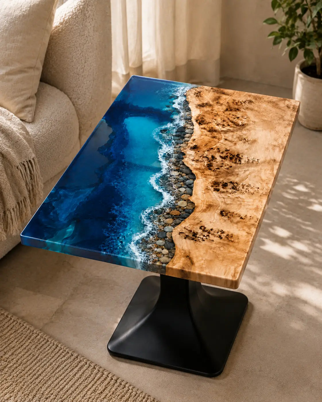 Sapphire Cove deep ocean-blue and turquoise epoxy ocean poplar side table with white surf and pebble beach SET42