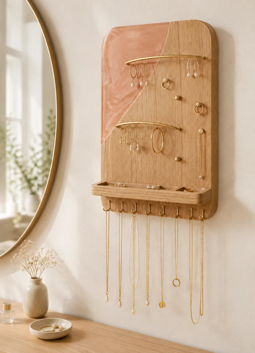 JH01 Blush Lines blush pink and crystal clear epoxy jewelry holder with handcrafted resin and natural-grain detail
