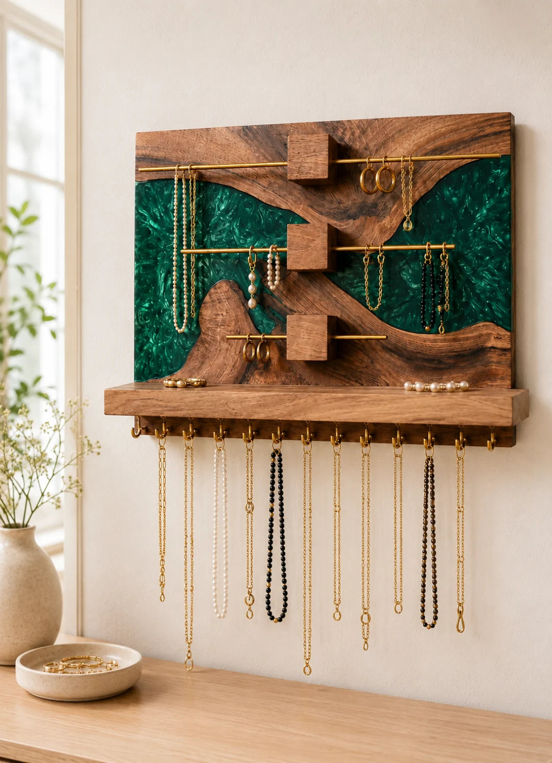 JH02 Emerald Gallery emerald green epoxy jewelry holder with handcrafted resin and natural-grain detail
