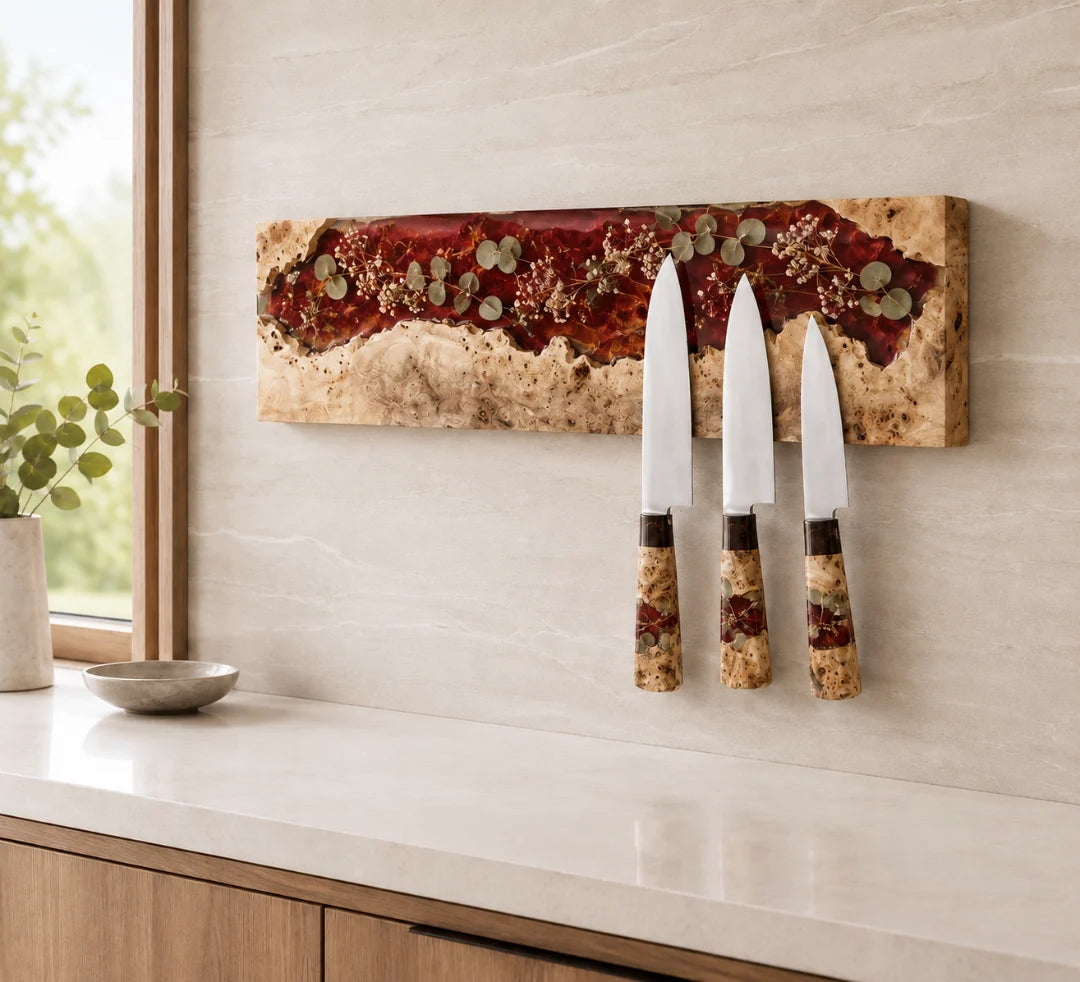 KH01 Crimson Botanical ruby red floral epoxy knife holder with handcrafted resin and natural-grain detail