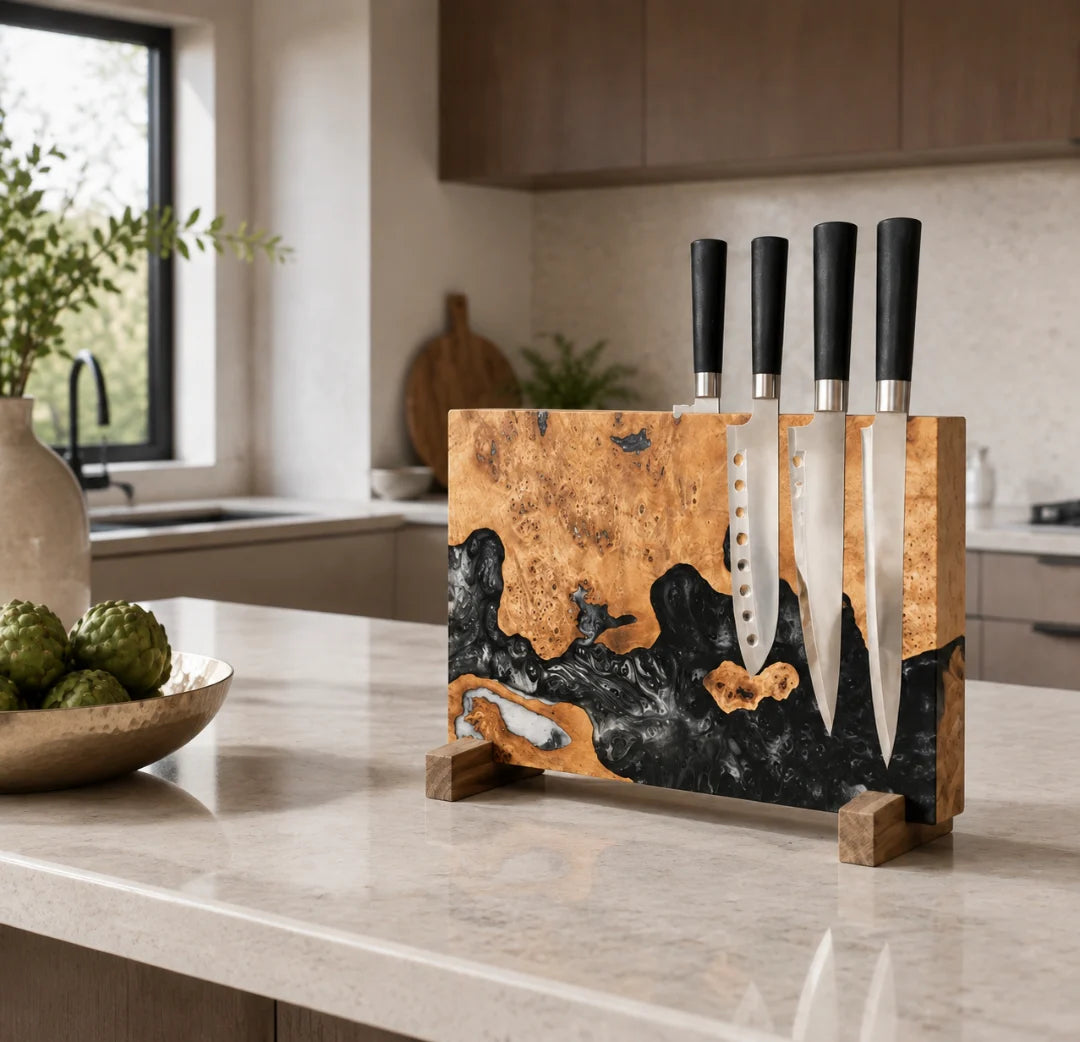 KH03 Black Torrent black silver epoxy knife holder with handcrafted resin and natural-grain detail