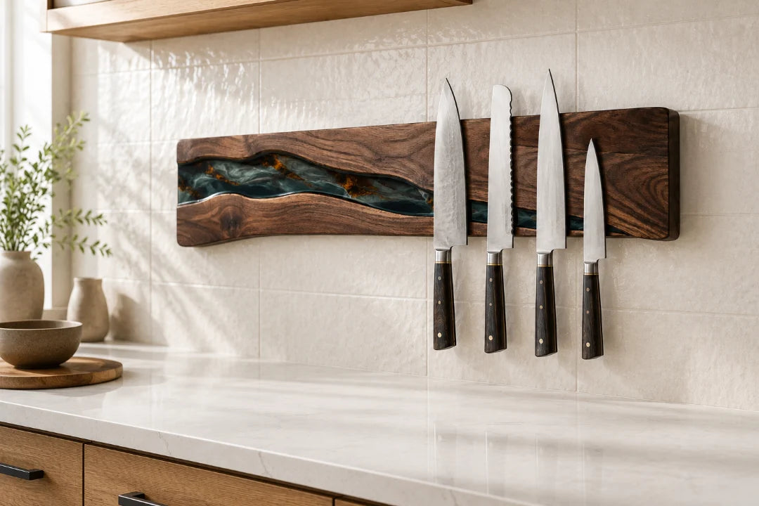 KH04 Green Hollow forest green epoxy knife holder with handcrafted resin and natural-grain detail