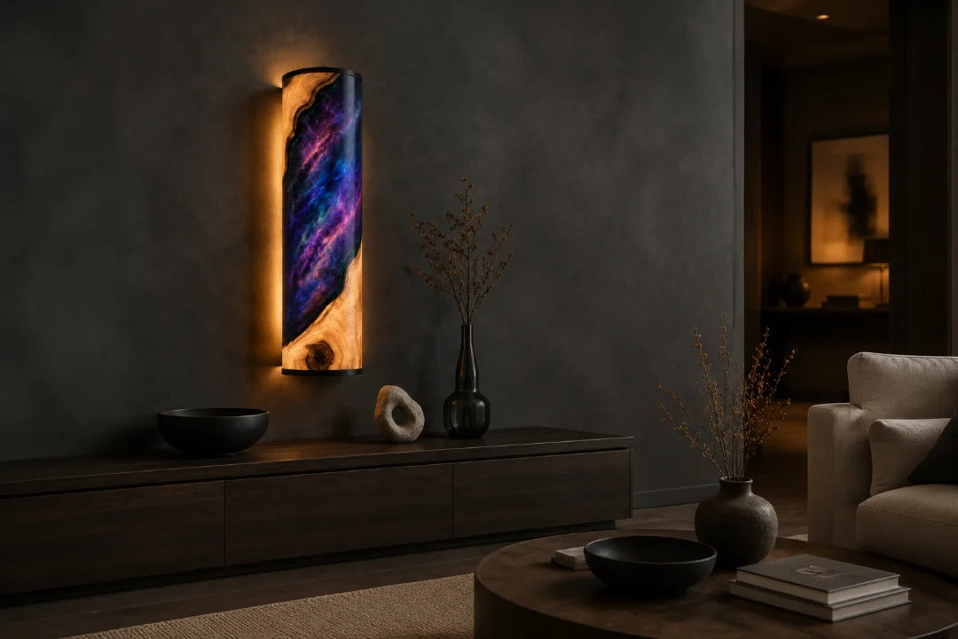 LP01 Galaxy Column galaxy blue epoxy wall lamp with handcrafted resin and natural-grain detail