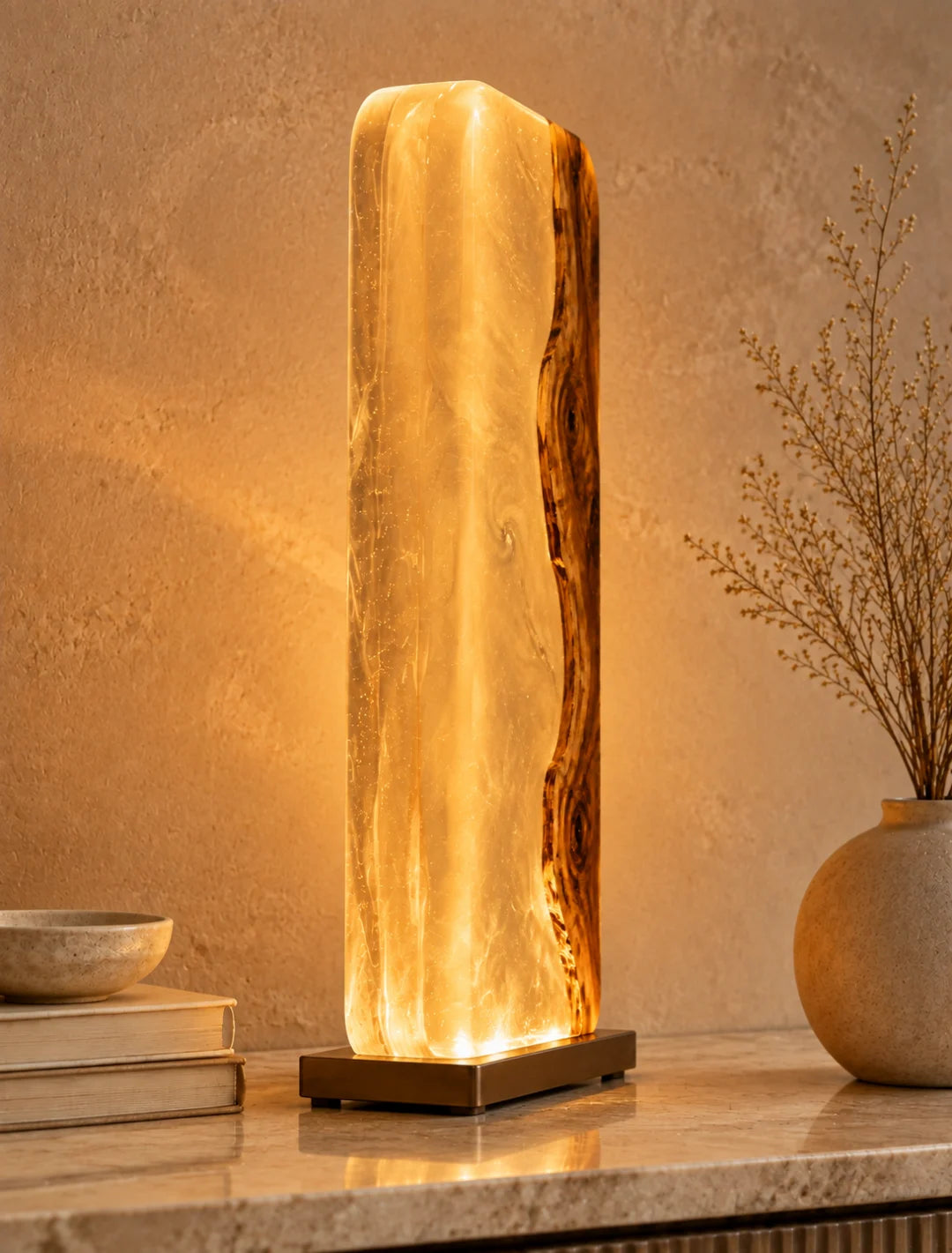 LP02 Amber Veil clear amber epoxy table lamp with handcrafted resin and natural-grain detail
