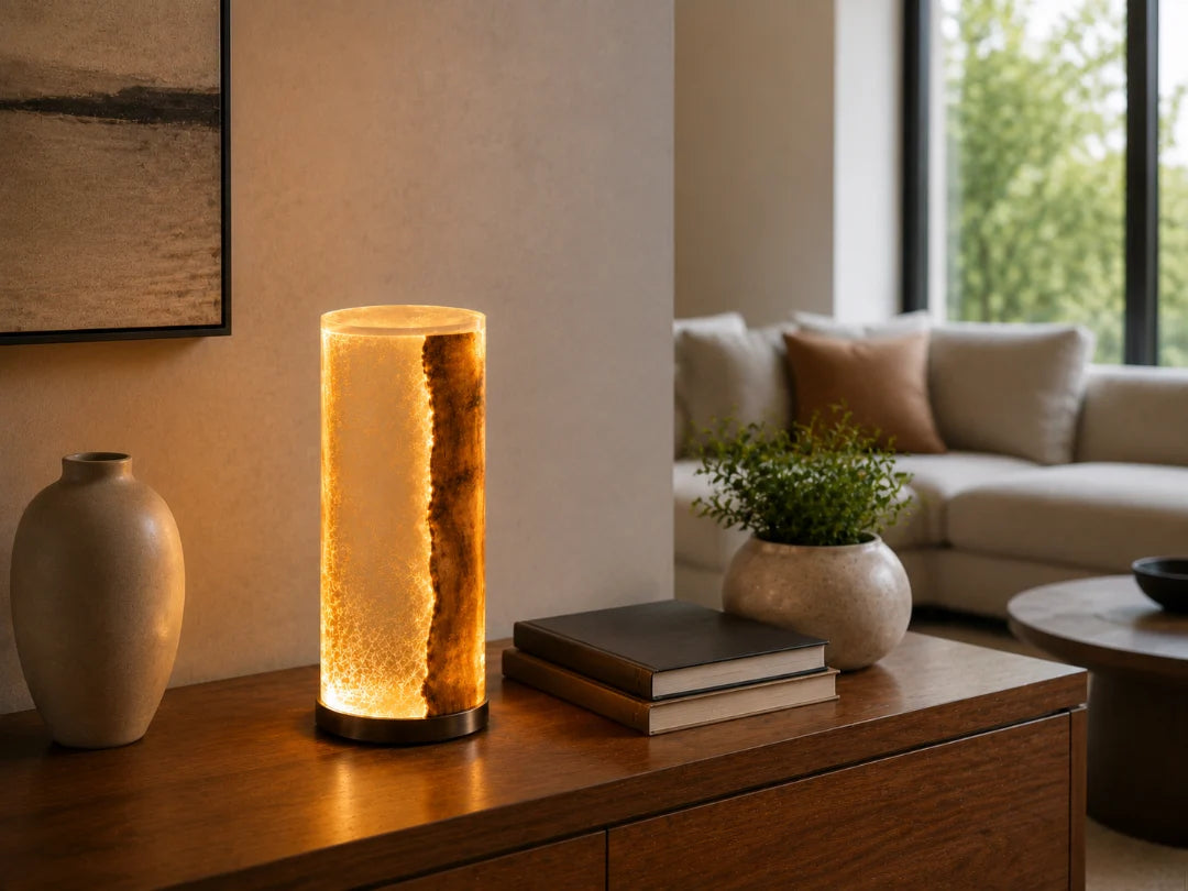 LP05 Amber Core clear amber epoxy table lamp with handcrafted resin and natural-grain detail