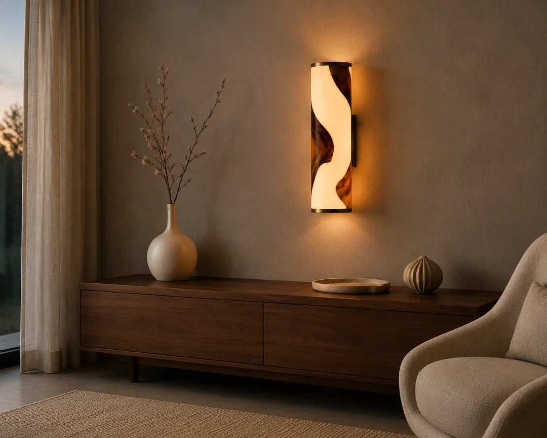 LP07 White Ribbon pearl white epoxy wall lamp with handcrafted resin and natural-grain detail