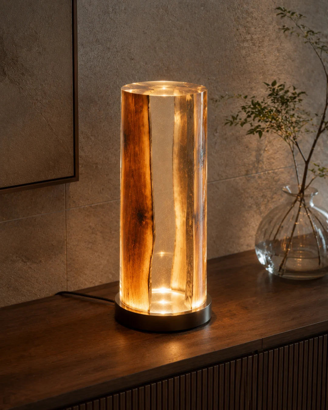 LP08 Amber Split clear amber epoxy table lamp with handcrafted resin and natural-grain detail