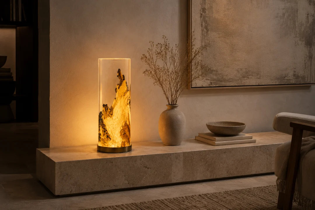 LP09 Golden Cliff clear amber epoxy table lamp with handcrafted resin and natural-grain detail