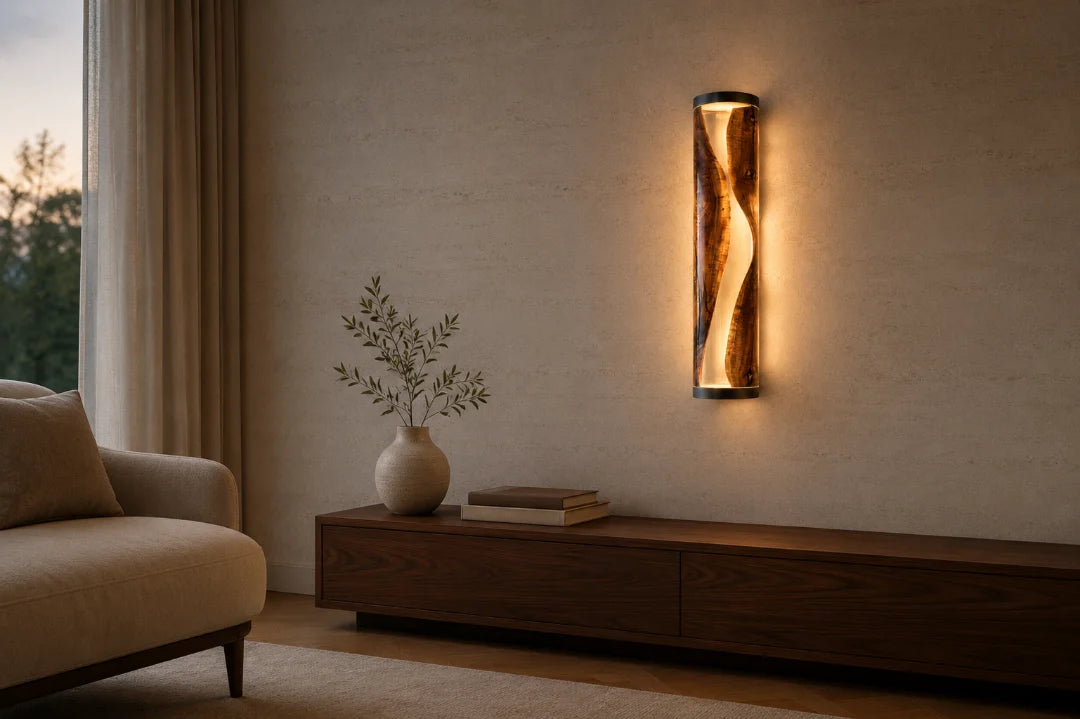 LP10 Ivory Twist pearl white and clear amber epoxy wall lamp with handcrafted resin and natural-grain detail