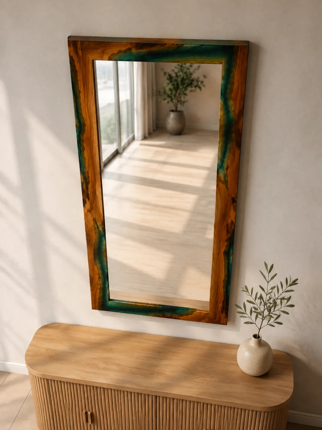 MR01 Forest Border forest green epoxy mirror with handcrafted resin and natural-grain detail