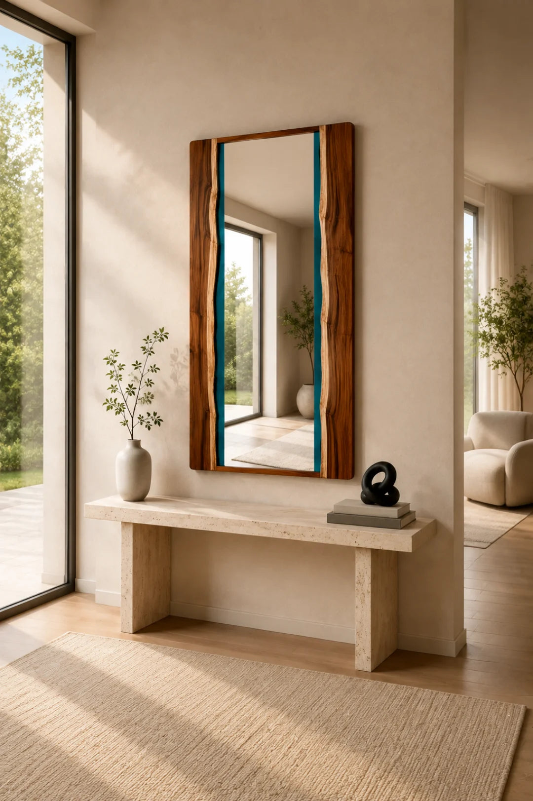 MR02 Teal Line turquoise epoxy mirror with handcrafted resin and natural-grain detail