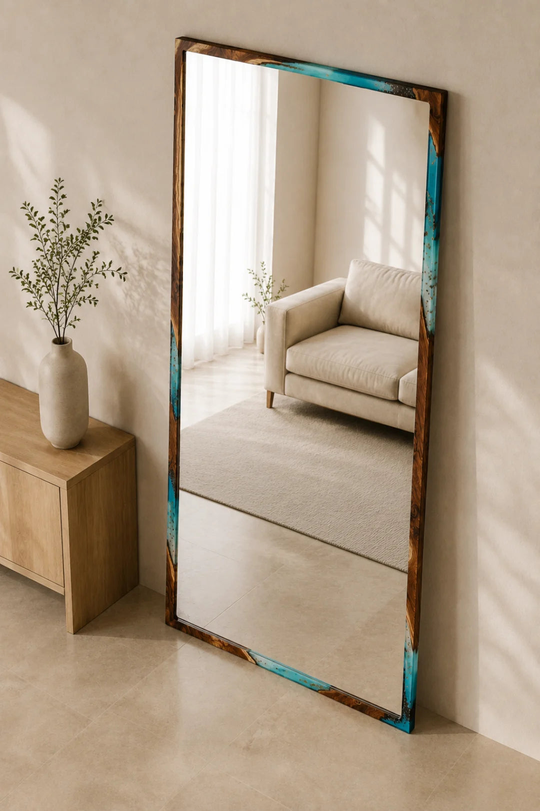 MR05 Clear Horizon crystal clear and turquoise epoxy mirror with handcrafted resin and natural-grain detail