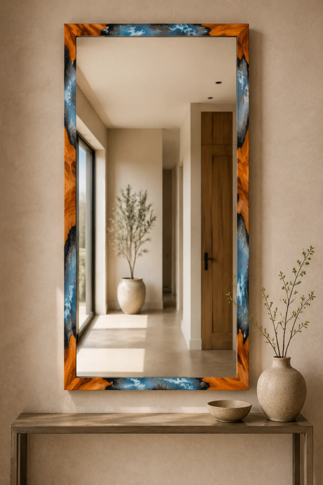 MR07 Coastal Frame ocean blue and pearl white epoxy mirror with handcrafted resin and natural-grain detail