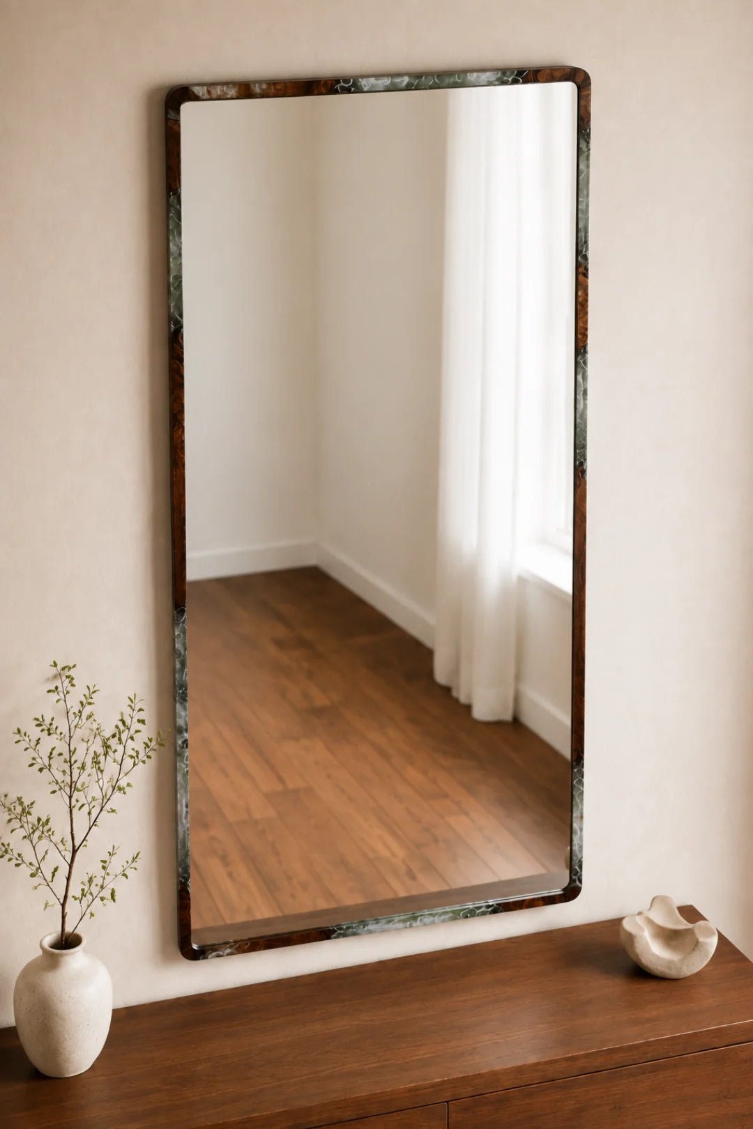 MR08 Smoke Outline smoky gray epoxy mirror with handcrafted resin and natural-grain detail