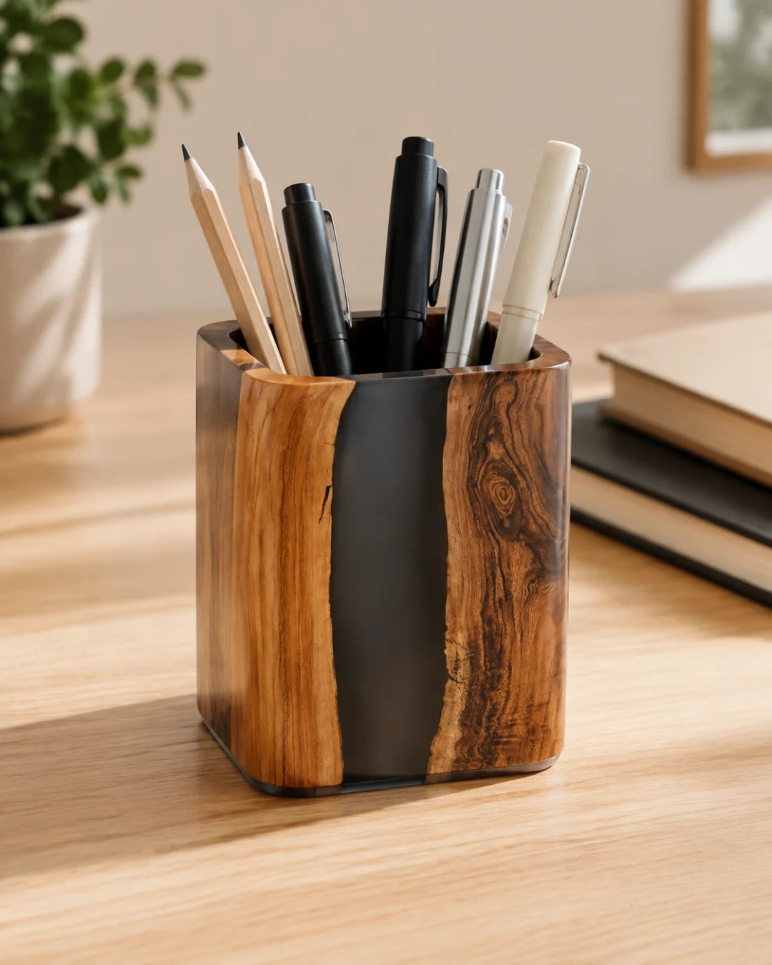 PH01 Black Ribbon jet black epoxy pen holder with handcrafted resin and natural-grain detail