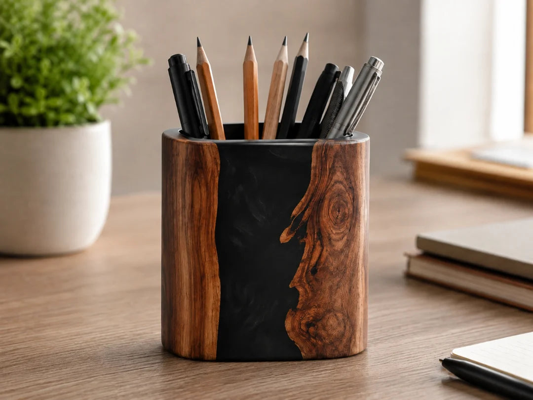 PH03 Black Edge smoky black epoxy pen holder with handcrafted resin and natural-grain detail