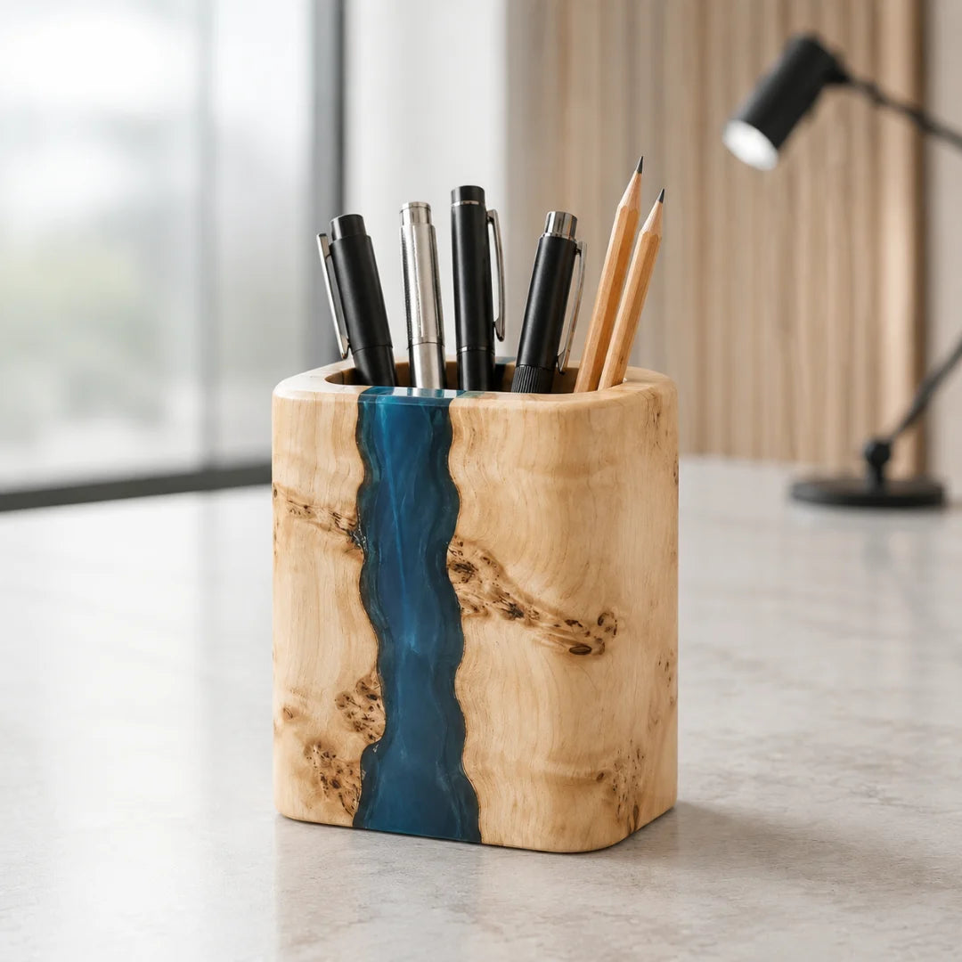 PH05 Blue Stream ocean blue epoxy pen holder with handcrafted resin and natural-grain detail