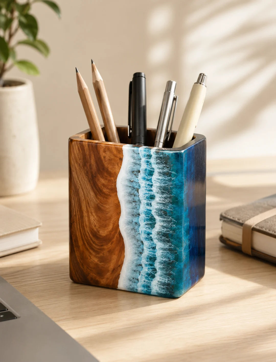 PH06 Coastal Crest ocean blue and pearl white epoxy pen holder with handcrafted resin and natural-grain detail