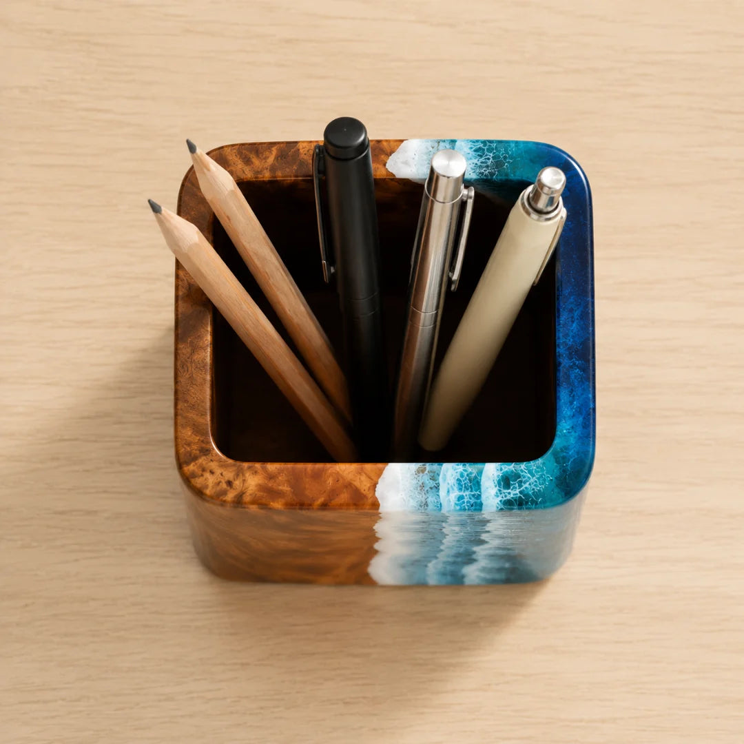 Coastal Crest Ocean Blue and Pearl White Epoxy Pen Holder PH06
