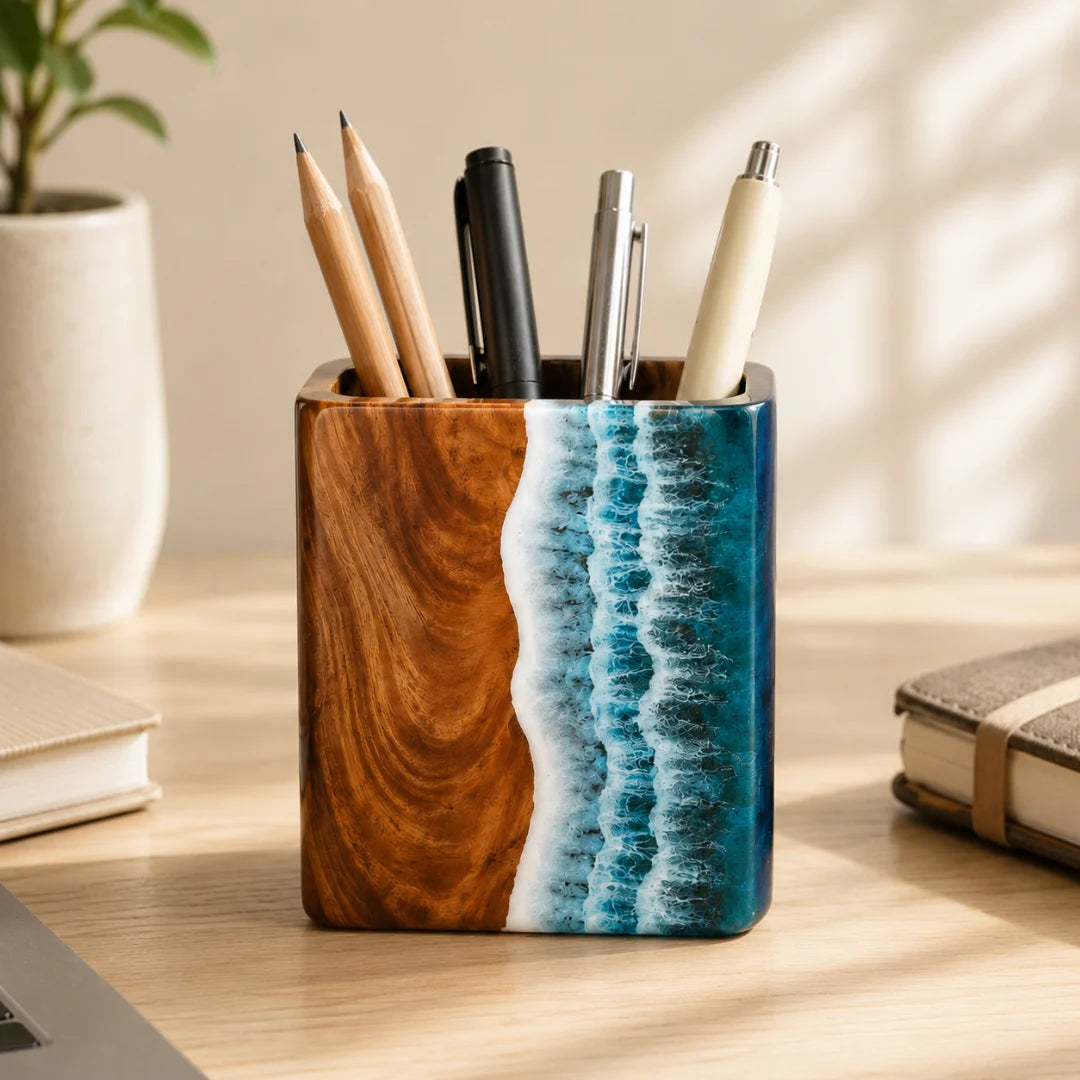 Coastal Crest Ocean Blue and Pearl White Epoxy Pen Holder PH06