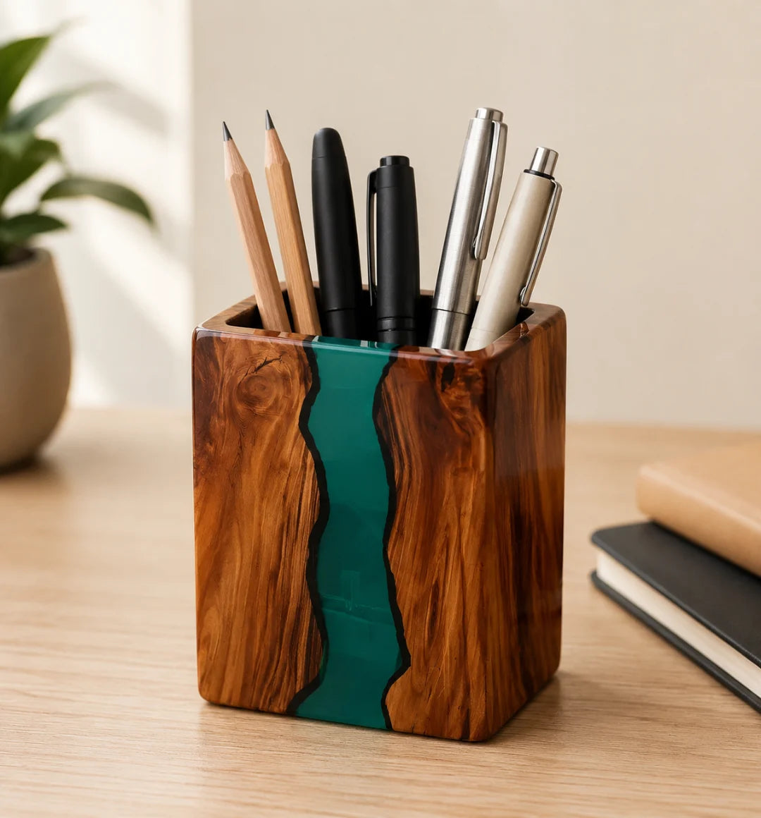 PH07 Emerald Cut emerald green epoxy pen holder with handcrafted resin and natural-grain detail