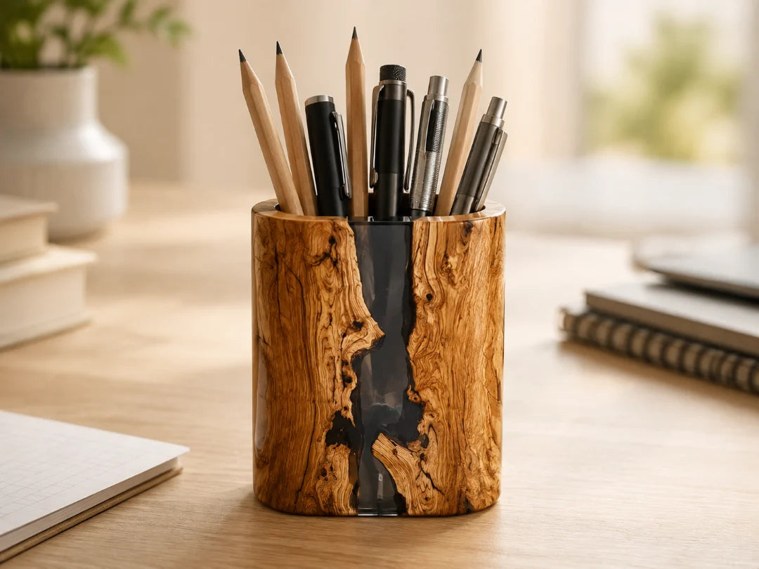 PH08 Black Gold Fragment black gold epoxy pen holder with handcrafted resin and natural-grain detail