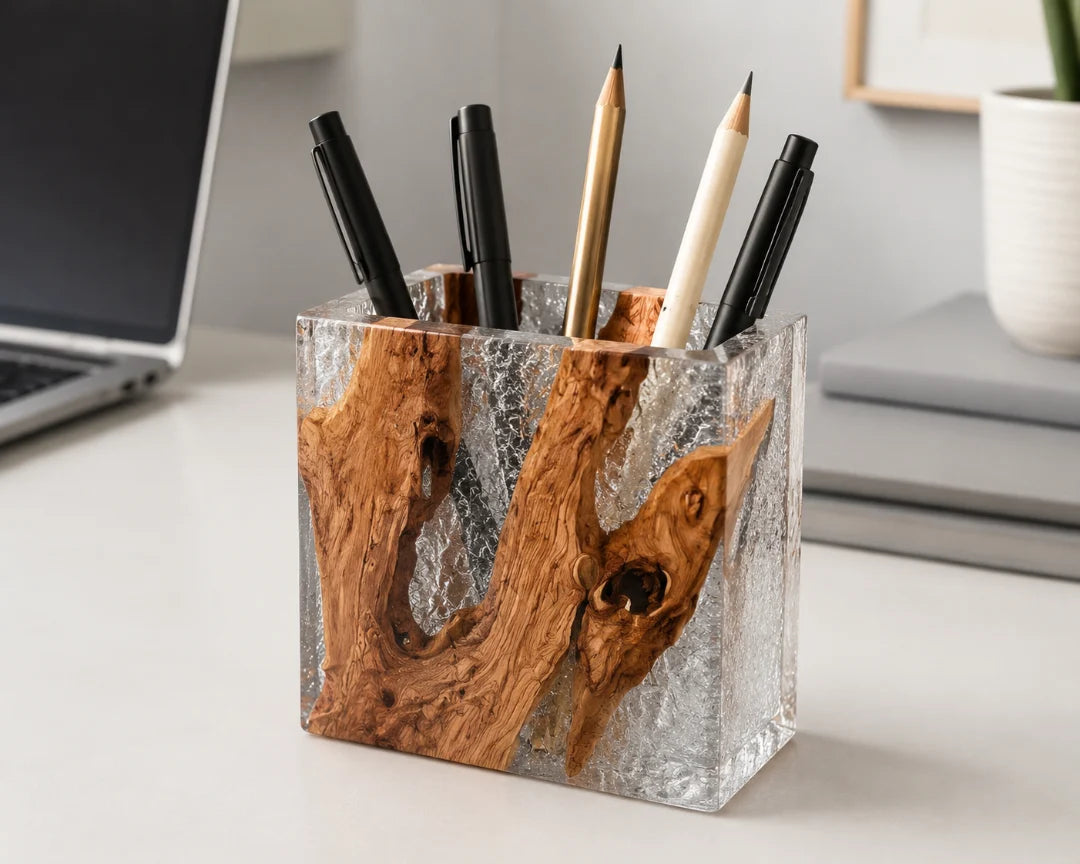 PH09 Clear Stone crystal clear and silver epoxy pen holder with handcrafted resin and natural-grain detail