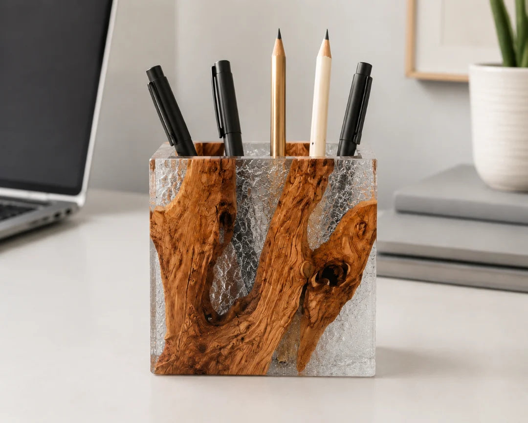 Clear Stone Crystal Clear and Silver Epoxy Pen Holder PH09