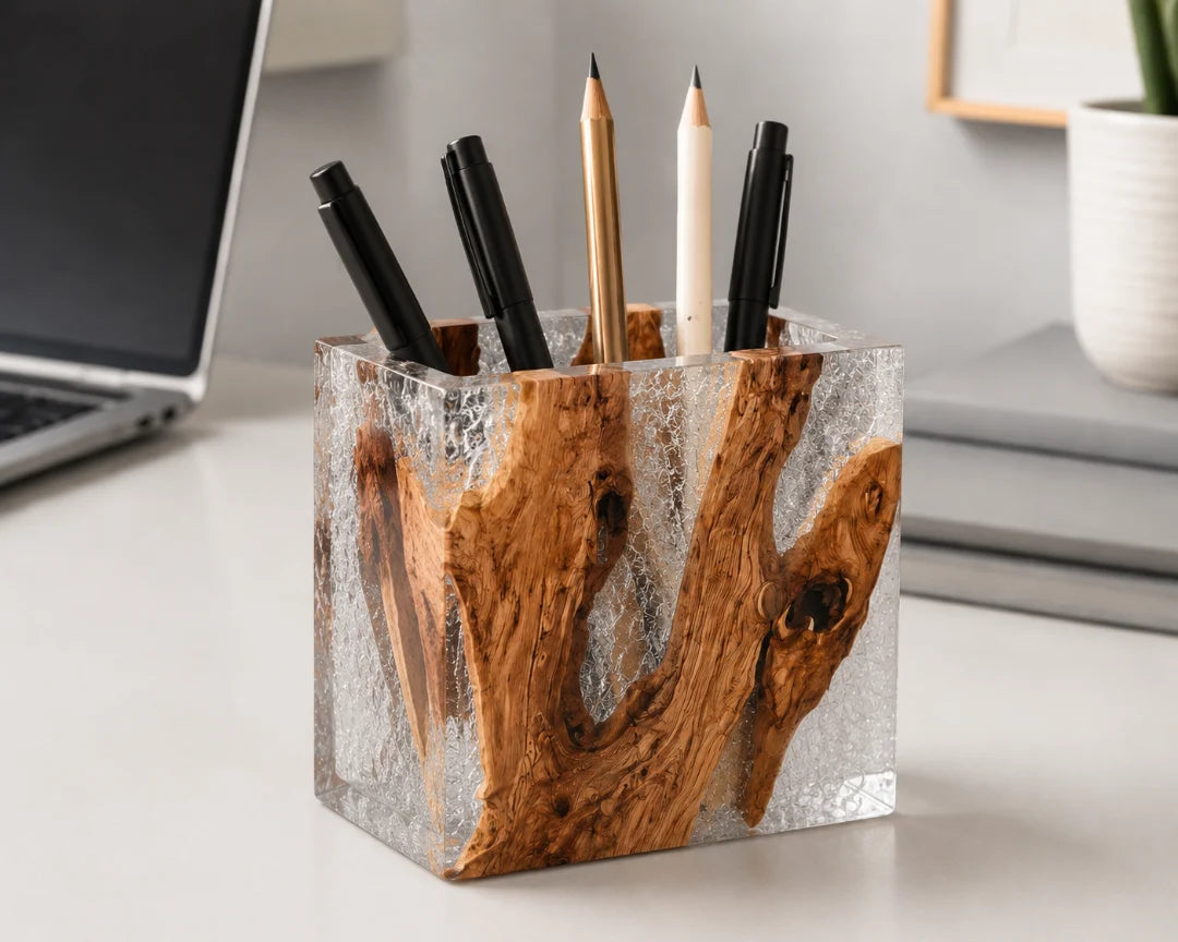Clear Stone Crystal Clear and Silver Epoxy Pen Holder PH09