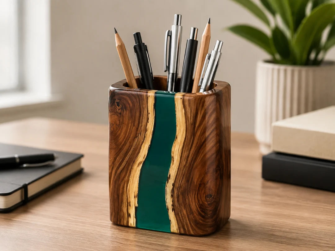 PH10 Emerald River forest green epoxy pen holder with handcrafted resin and natural-grain detail