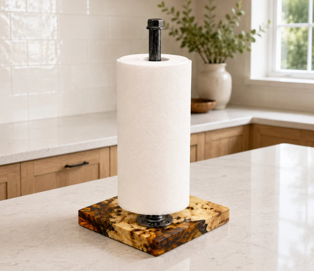 PTH01 Golden Mosaic clear amber epoxy paper towel holder with handcrafted resin and natural-grain detail