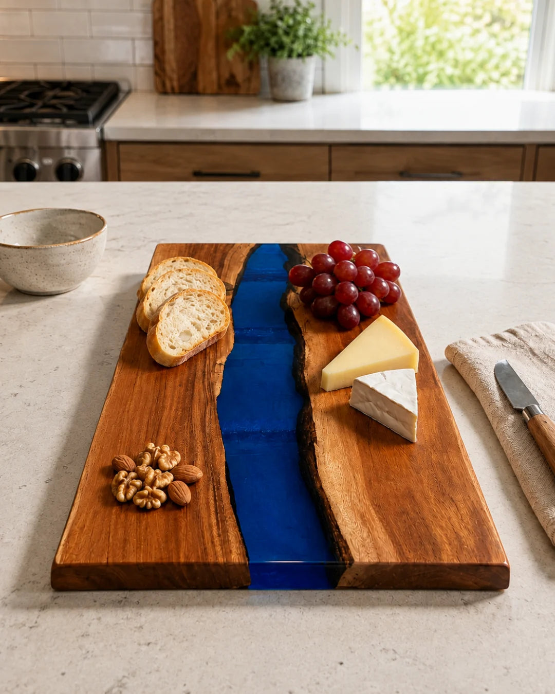 SB01 Blue Divide royal blue epoxy serving board with handcrafted resin and natural-grain detail