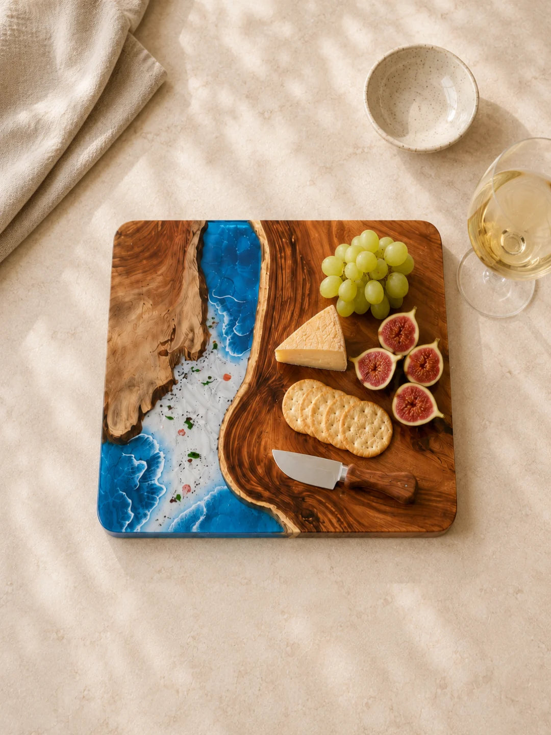 SB02 Coastal Pour ocean blue and pearl white epoxy serving board with handcrafted resin and natural-grain detail