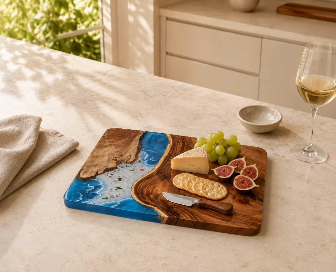 Coastal Pour Ocean Blue and Pearl White Epoxy Serving Board SB02
