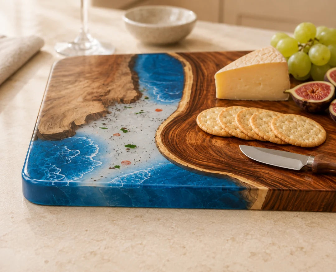 Coastal Pour Ocean Blue and Pearl White Epoxy Serving Board SB02