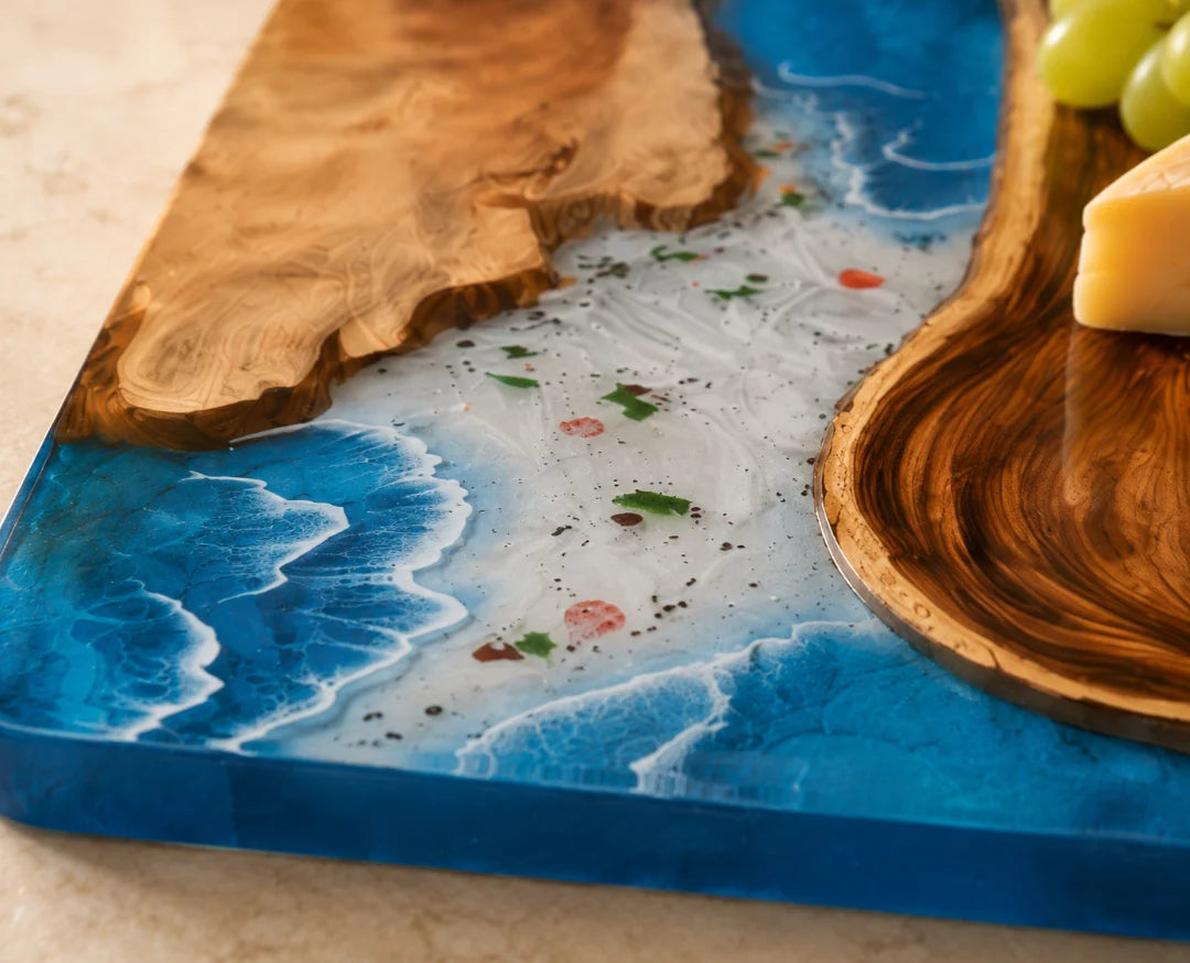 Coastal Pour Ocean Blue and Pearl White Epoxy Serving Board SB02