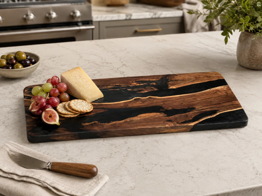 SB03 Ember Vein Blackepoxy serving board with handcrafted resin and natural-grain detail