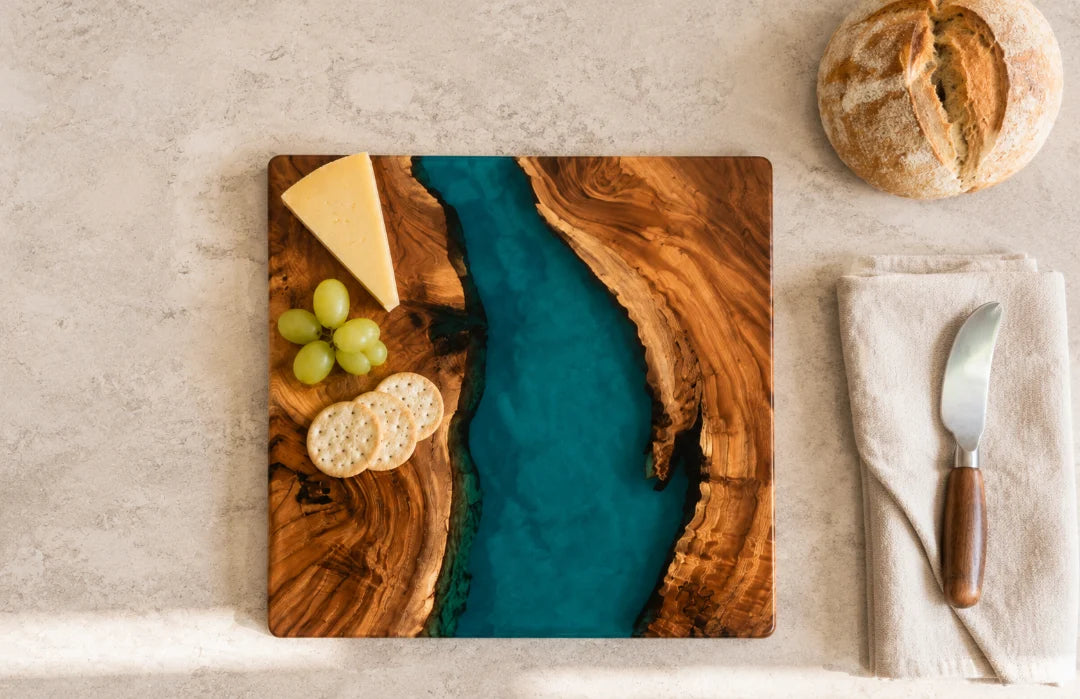 SB04 Teal Harbor turquoise epoxy serving board with handcrafted resin and natural-grain detail