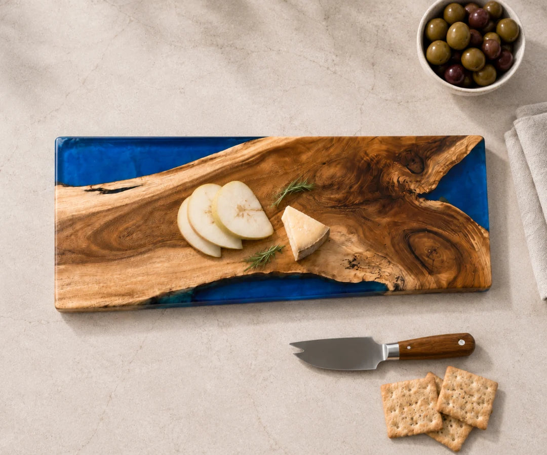 SB05 Blue Shore sapphire blue epoxy serving board with handcrafted resin and natural-grain detail