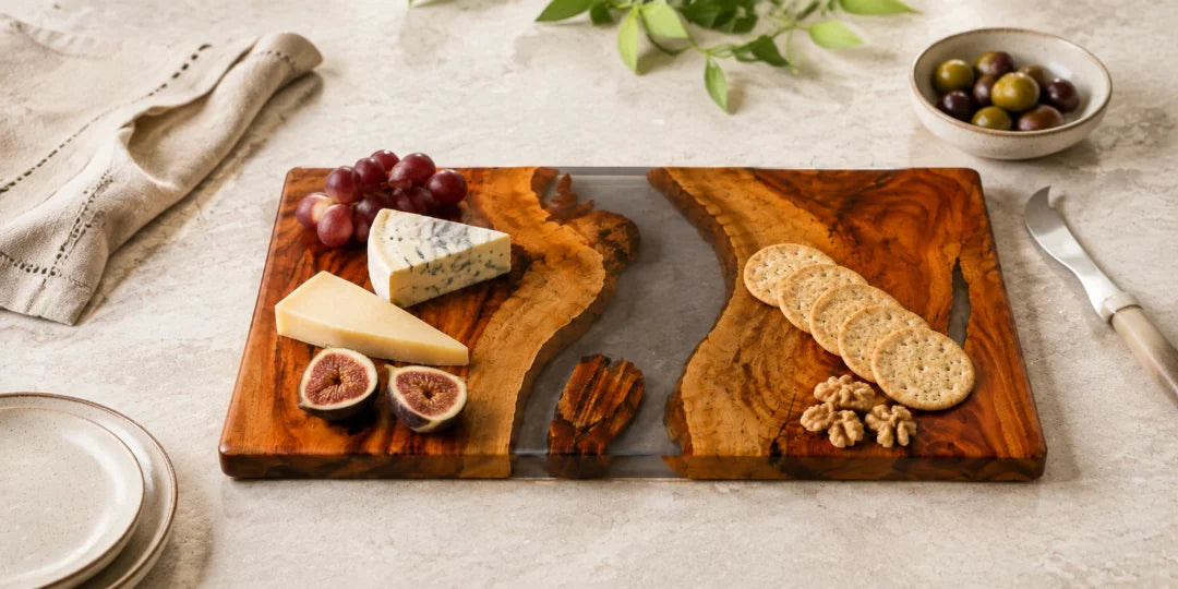 SB06 MidnightRiver Smoky Gray epoxy serving board with handcrafted resin and natural-grain detail
