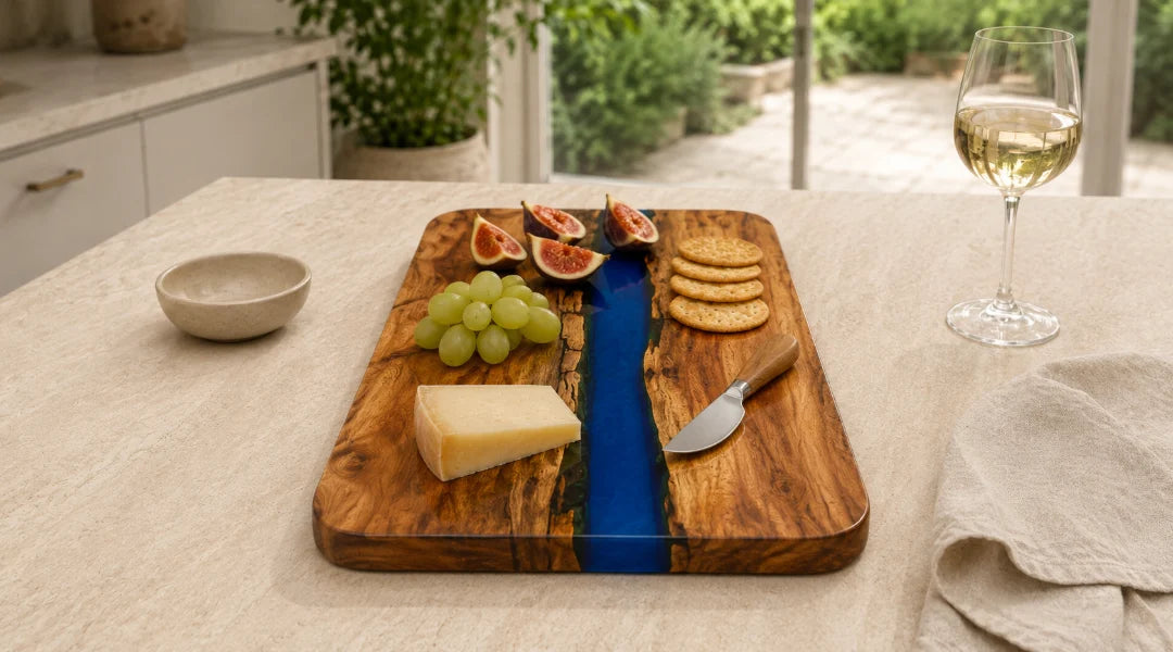 SB07 Cobalt Line royal blue epoxy serving board with handcrafted resin and natural-grain detail