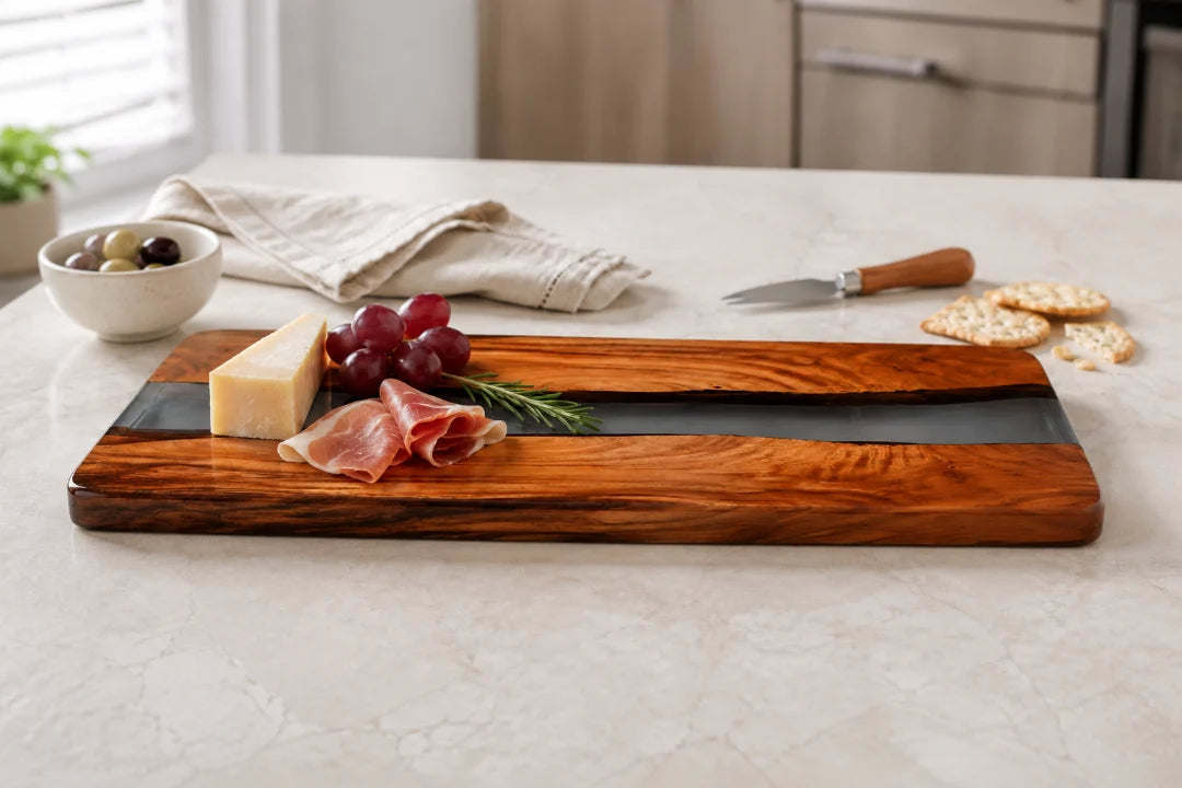 SB08 Silver Passage pearl white epoxy serving board with handcrafted resin and natural-grain detail